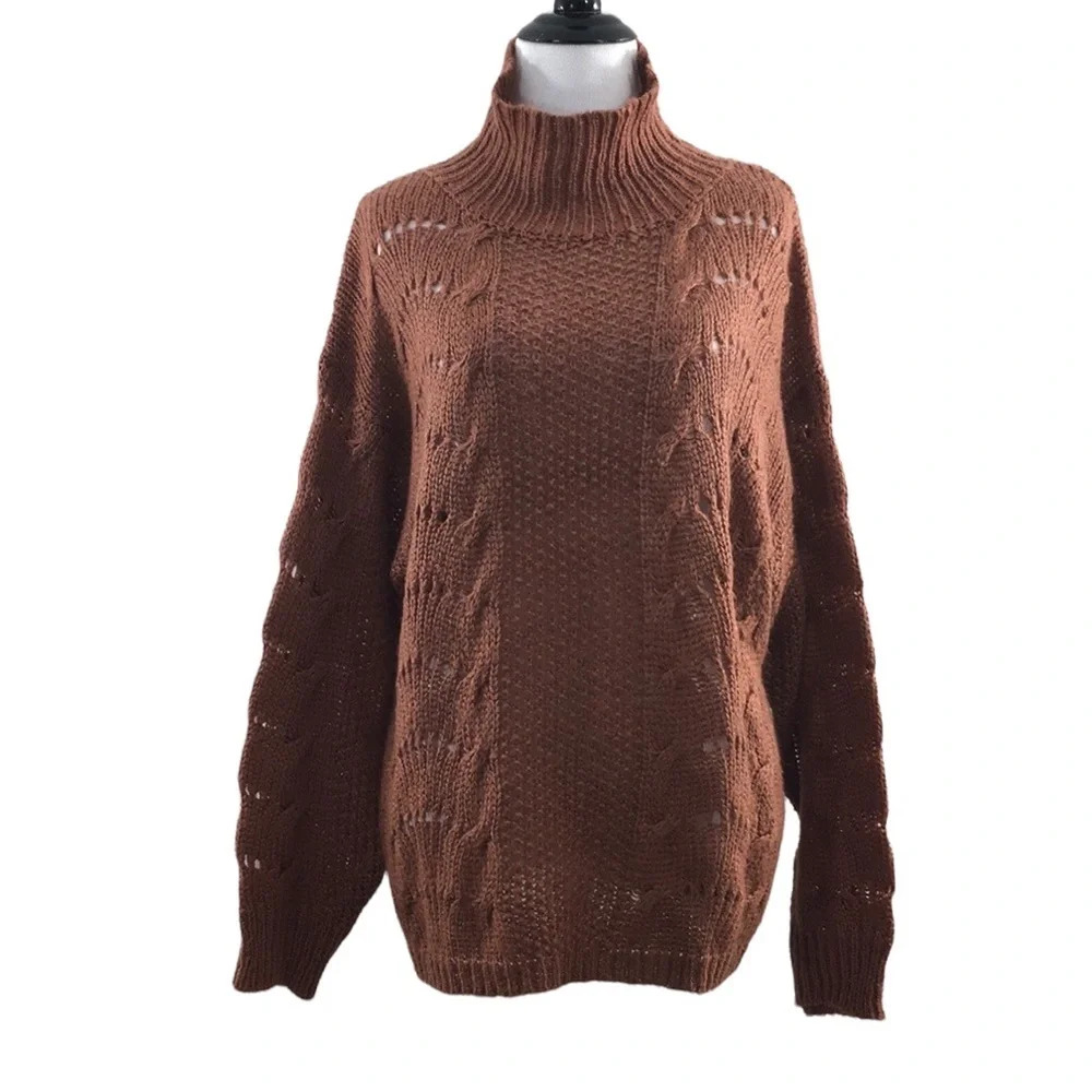 Earthbound Brown Knit Turtleneck Sweater Womens XL Acrylic Open Knit